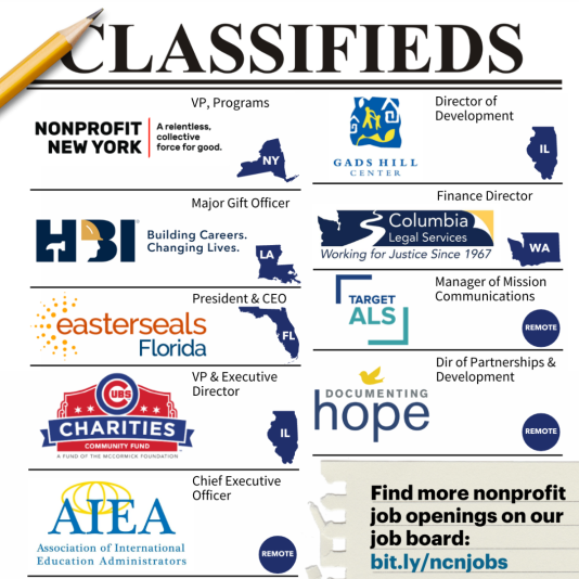 Classifeds ad with nine jobs listed for nonprofits. 