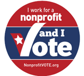 Sticker with the text, "I work for a nonprofit and I vote."