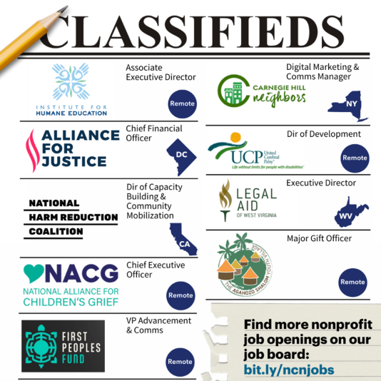 Classifeds ad with nine jobs listed for nonprofits. 